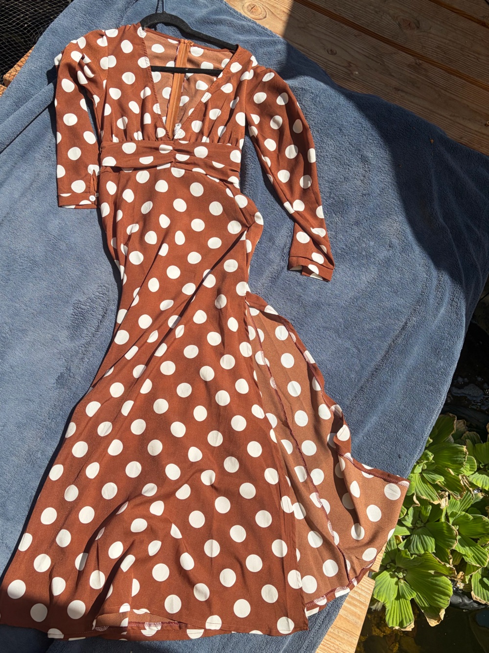 Polka Dot Brown Maxi Dress with V-Neck